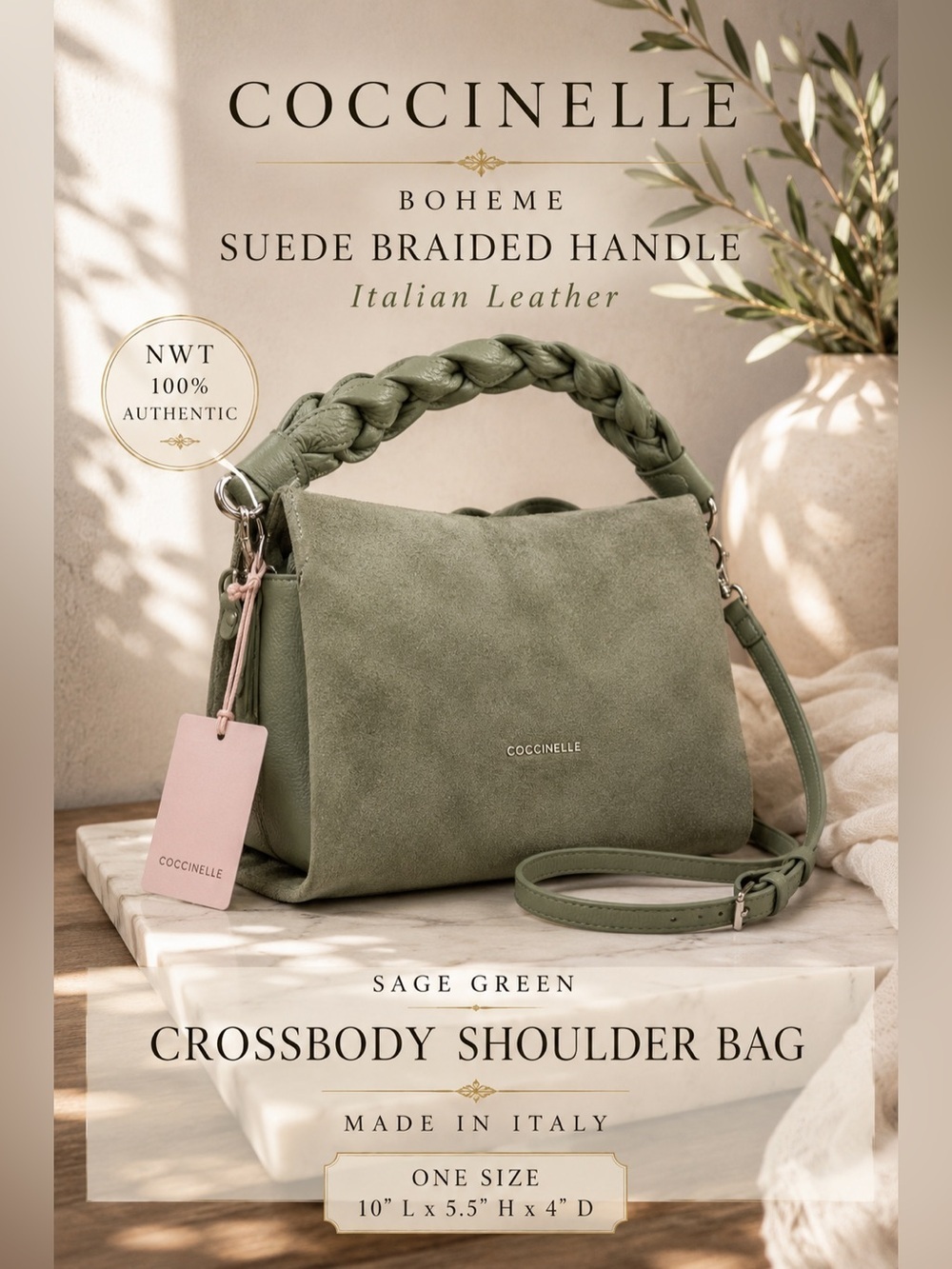 Coccinelle Boheme Suede Braided Handle Crossbody Shoulder Bag Sage Green NWT